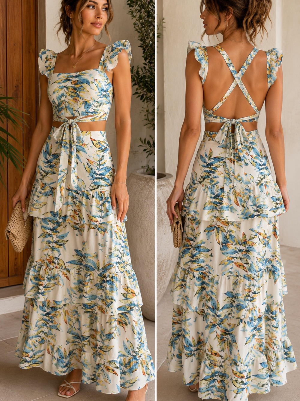 Women’s Tropical Leaf Print Two-Piece Set – Crop Top & Tiered Maxi Skirt